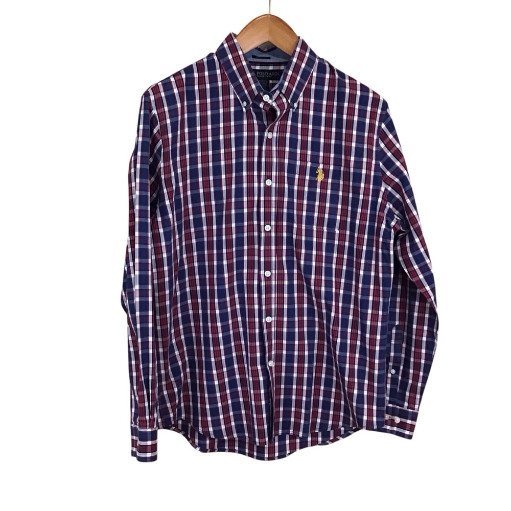 U.S. Polo Assn Stretch Red Blue Plaid Button Down Shirt L‎
